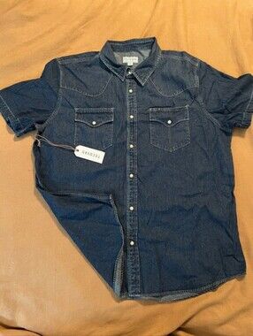 Tecovas Men's Short Sleeve Denim Shirt in Dark Blue, Size XL